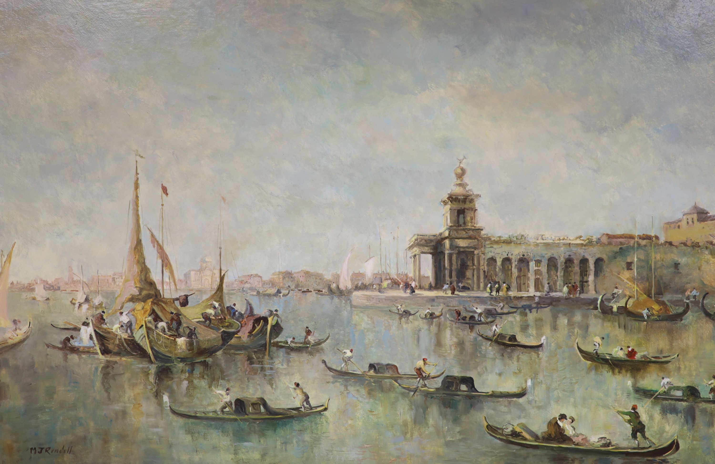 M.J. Rendell after Guardi, oil, View of Venice, signed, 50 x 75cm